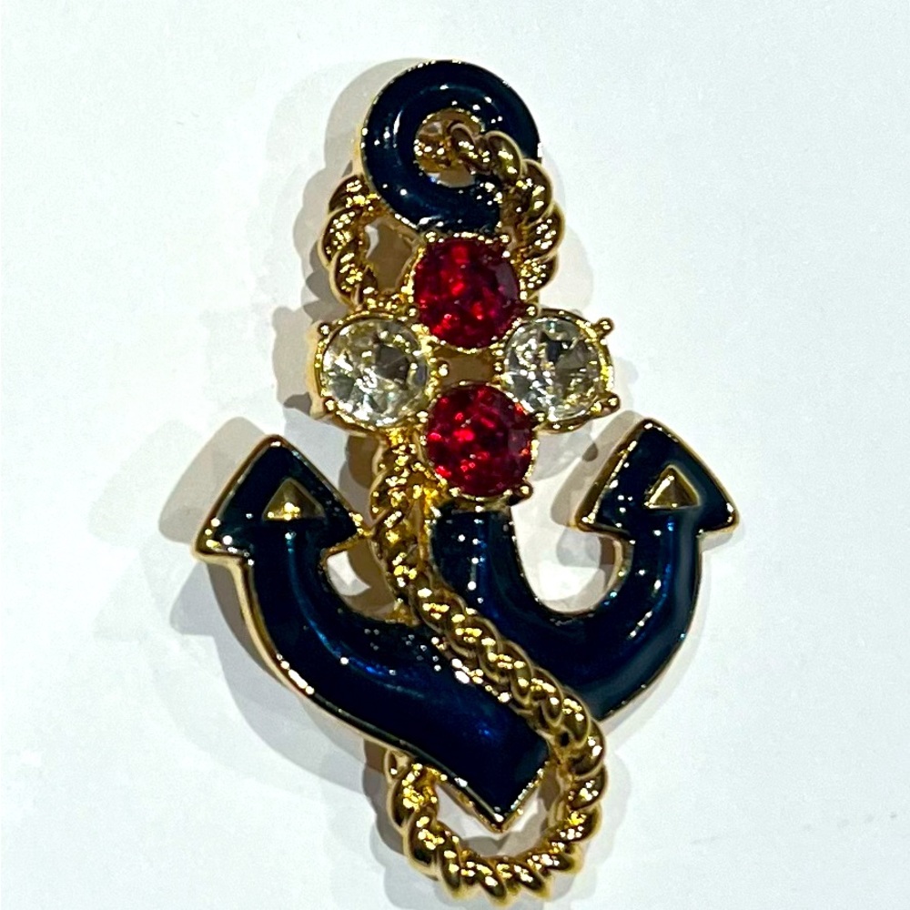 Vintage Trafari Jewelry Enamel and Rhinestone Anchor Brooch